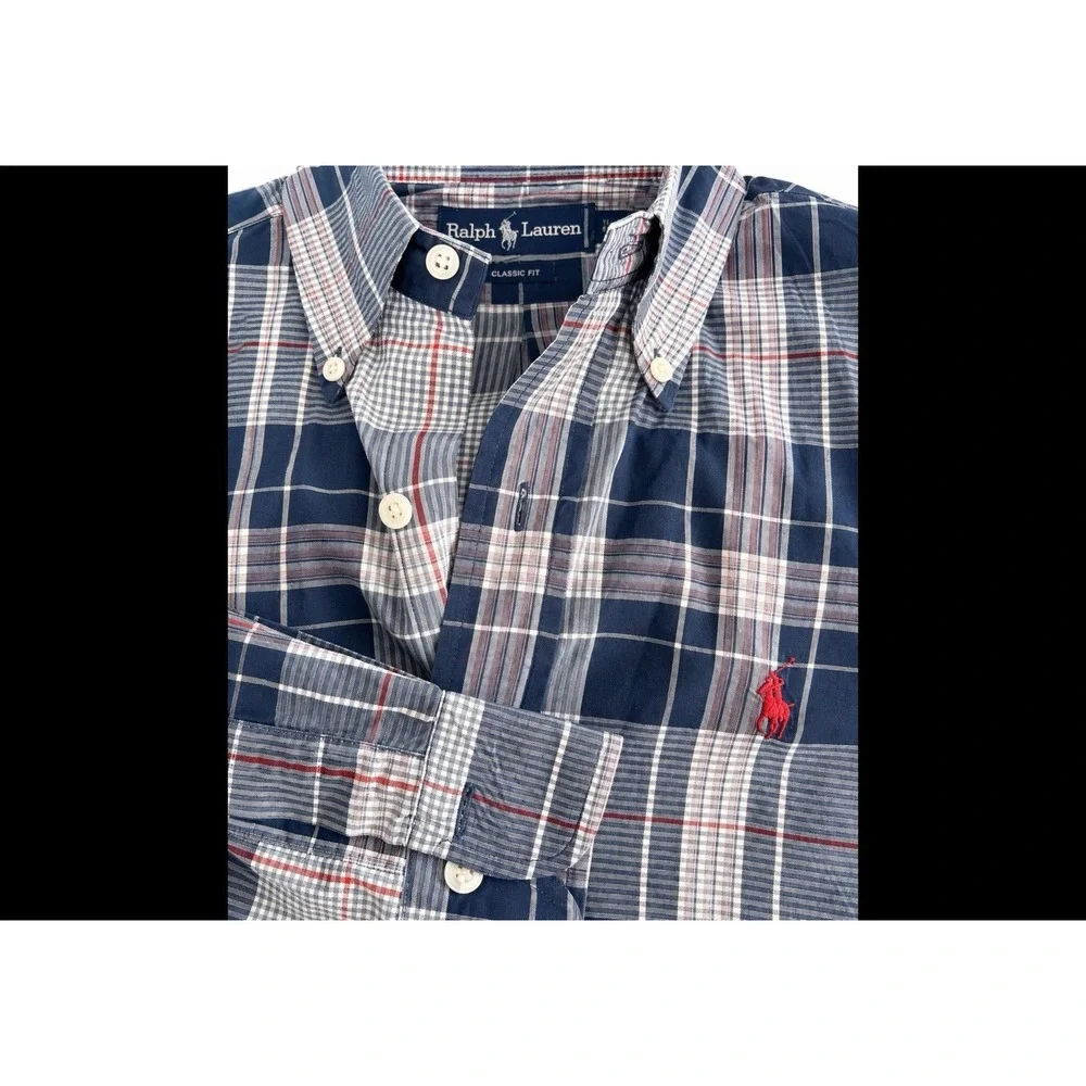 Polo Ralph LAUREN Large 15 -34  Button Down Plaid Long Sleeve Oxford Sport Shirt
